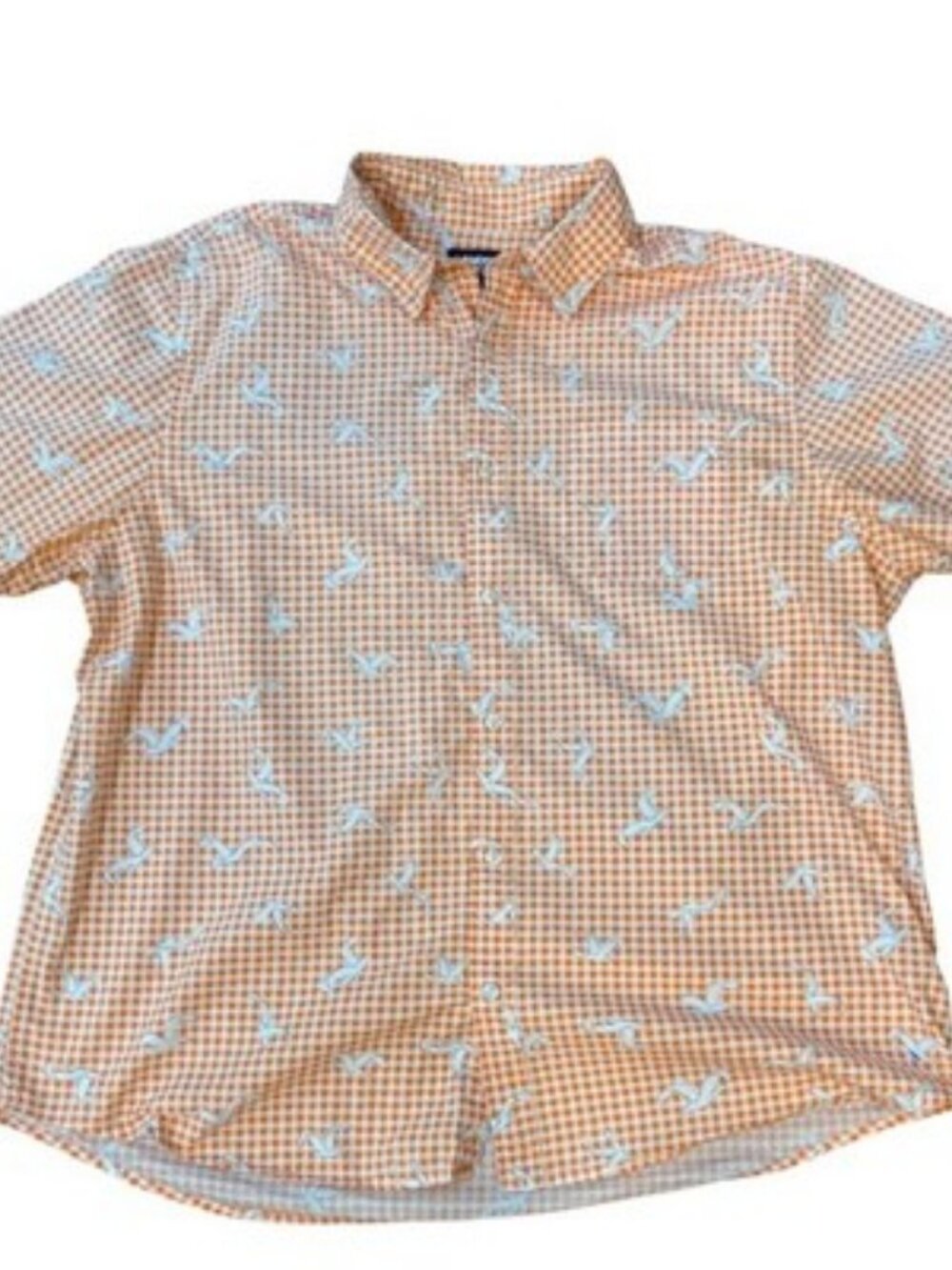 Lands End Mens XL Orange Gingham Seagull Print Short Sleeve Button Down Shirt